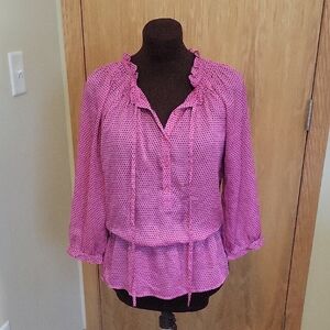 LOFT Vibrant Pink Blouse with Black Dots